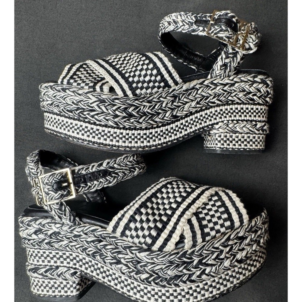 Antolina Paris Braided Platform Sandals Black White Woven Espadrille Wedge Sz 39